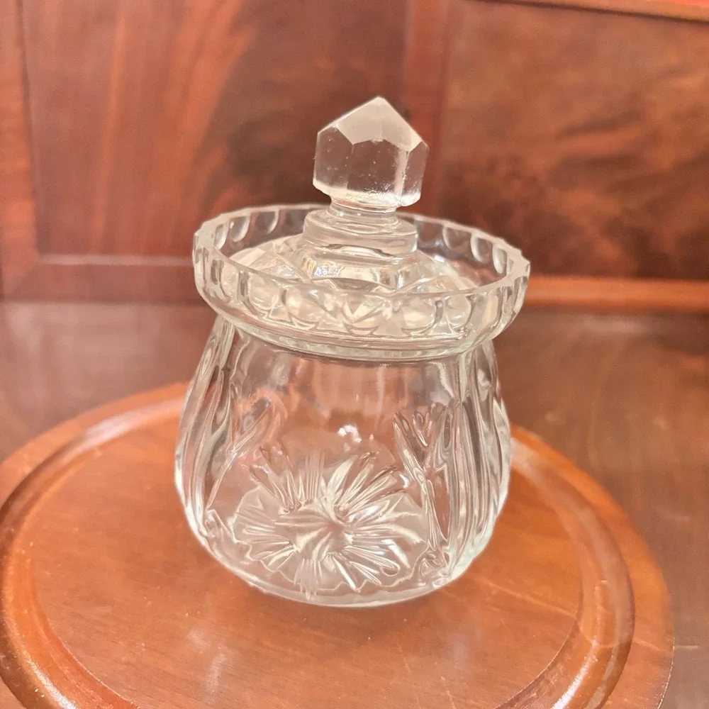 Vintage Clear Pressed Glass Mustard Condiment Jar Floral Starburst